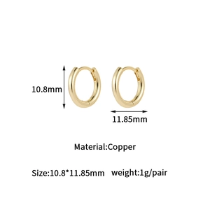 Technical dimensions of 14K gold plated copper hoops showing 10.8x11.85mm size and weight