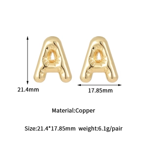 Detailed size chart for letter A bubble earring in gold finish with copper material specs
