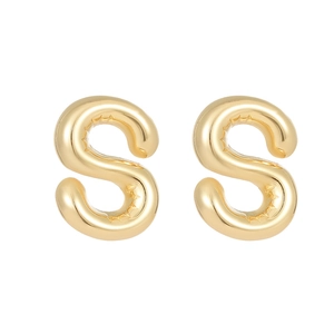 Polished golden balloon style letter S stud earrings with a glossy metallic finish