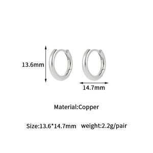 Detail view of 14K gold-plated minimalist hoop earrings with 13.6mm height measurements