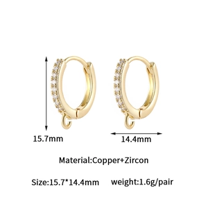 Detailed view of 14k gold-filled zircon hoop earrings showing size 15.7mm and DIY loop