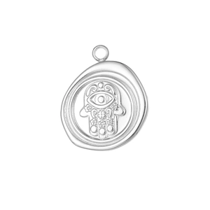 Polished silver Hamsa Hand pendant featuring intricate Evil Eye and star engraving detail