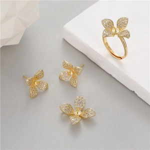 Copper 14K Gold Plated Rhinestone Clover Flower Ring Earring Studs Pendant DIY Jewelry Parts With S925 Silver Post