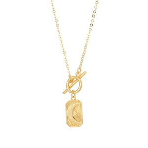 Golden double layer necklace with crescent moon pendant and OT toggle clasp closure