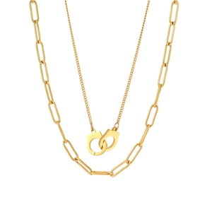 Stainless Steel Gold Plated Double Layer Necklace For Women Handcuff Pendant Paperclip Chain Punk Fashion Jewelry Neck Accessory