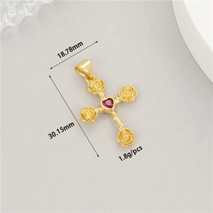 Golden cross pendant with rose details and red heart gemstone for DIY jewelry making