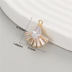 Detail view of a fan-shaped zircon pendant with precise 16.55mm x 15.5mm dimensions