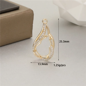 Detailed view of a 14K gold-plated teardrop pendant with zircon stones and dimensions