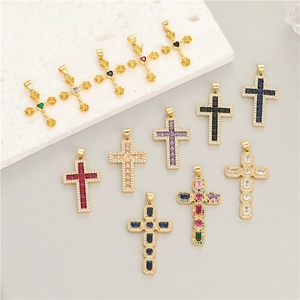 14K Gold Plated Brass Cross Pendant For DIY Jewelry Making Accessories With Colorful Rhinestone Heart Rose Flower Religious Charms