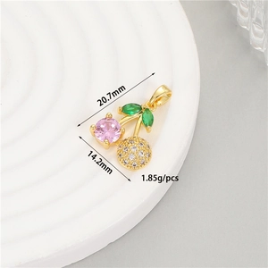 Exquisite cherry charm pendant with pink stones and micro-pave crystals, 20.7mm x 14.2mm