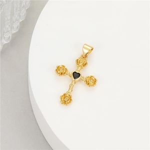 14K gold plated cross pendant with black heart gemstone and rose flower details