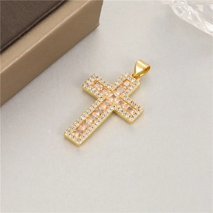 14K gold plated cross pendant featuring champagne gemstones and sparkling zircon pavé