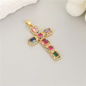Exquisite 14K gold plated cross pendant with colorful zircon stones for DIY jewelry making
