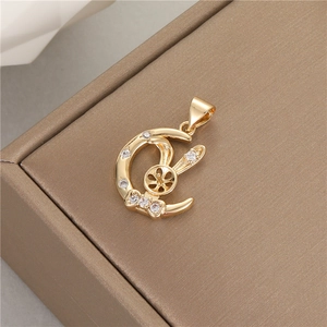14K gold plated moon and rabbit pendant with zircon and pearl mounting base