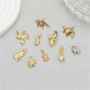 14K gold plated animal pendants with zircon and pearls featuring cat, bunny and dinosaur