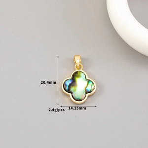 Detailed view of iridescent mother-of-pearl clover charm with gold-plated dimensions