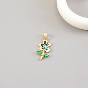 Exquisite 14K gold plated floral pendant with iridescent blue shell and green gems