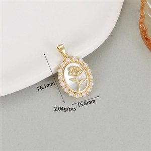 Detail of 26mm oval white shell rose pendant with gold plating and pearl bezel