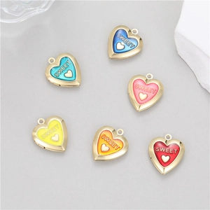 14K Gold Plated Copper Heart Locket Pendant With Sweet Letter Enamel Heart Openable Photo Box DIY Jewelry Making Accessory