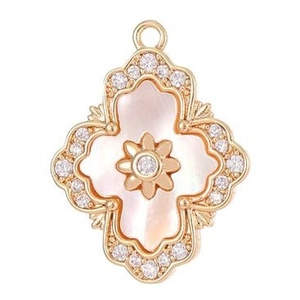 Elegant 14K gold clover pendant with pink mother of pearl and sparkling crystals