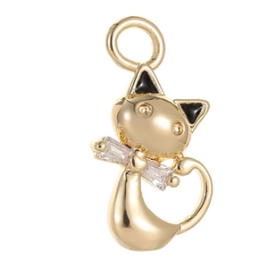 Minimalist gold cat pendant with black enamel ears and zircon stones on white background