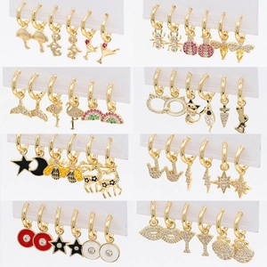 14K gold plated earring set with colorful zircon and enamel charms like mushrooms and stars