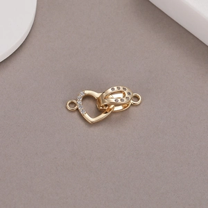 Golden heart horseshoe jewelry clasp connector with sparkling zircon stones and double loops