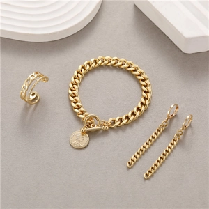 Französisches Vintage 14K Vergoldetes Kupfer Königin Münze Knebel Armband Kette Ohrringe Ring Schmuckset Für Damen