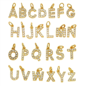 Golden 26 alphabet pendants set with cubic zirconia for DIY jewelry making