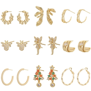 Juego de 9 pares de pendientes dorados con circonitas en varios diseños de moda únicos