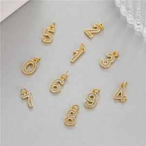 14K gold plated number charms set with cubic zirconia for DIY necklaces and bracelets