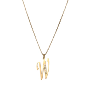 Minimalist gold necklace with a polished letter W pendant featuring sparkling zircon stones