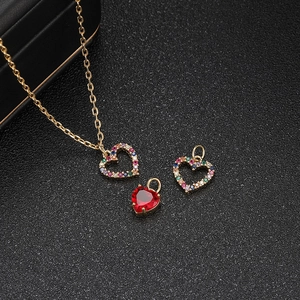 14K gold plated heart pendant necklace with colorful cubic zirconia and red gemstone