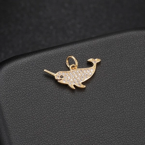 14K gold plated narwhal pendant with sparkling cubic zirconia stones for jewelry DIY