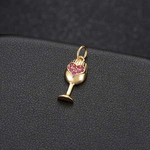 14k gold plated wine glass pendant with red heart crystals and sparkling cubic zirconia
