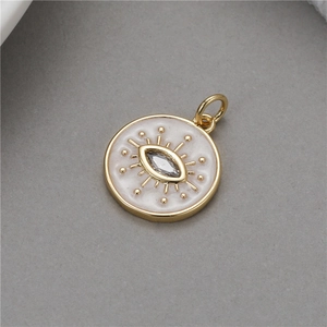 14K gold Evil Eye round pendant with white enamel inlay and marquise zircon stone