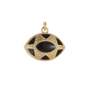 Vintage 14K gold evil eye pendant with black enamel inlay and geometric relief patterns