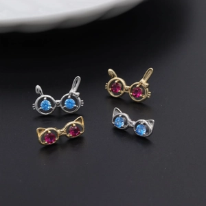 14k gold plated eyewear frame stud earrings with rabbit ears and colorful zircon stones