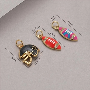 Detail of 14K gold plated rugby helmet and football charms with enamel and zircon