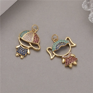 Golden boy and girl pendants with colorful zirconia pavé for DIY bracelets and necklaces