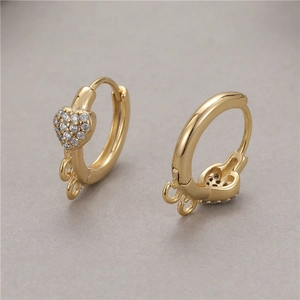 Golden heart-shaped hoop earrings with sparkling zircon stones and DIY hanging loops