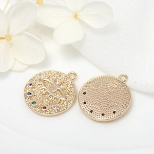Zircon inlaid evil eye coin pendant in gold plating for DIY jewelry necklace making