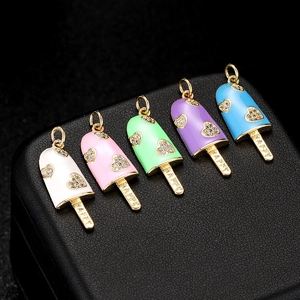 Colorful enamel popsicle pendants with heart zircons and gold Happy engraved charms