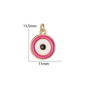 Detailansicht eines rosa Emaille-Anhänger mit bösem Blick und Maßen von 13,5 mm mal 11 mm