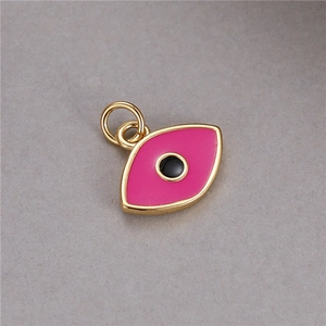 Rose pink evil eye enamel pendant with gold metal trim and double ring for DIY jewelry