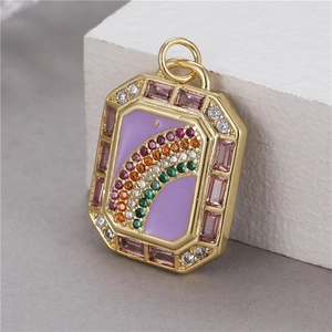 Copper micro-pave rainbow pendant necklace with colorful zircon and purple oil drip finish