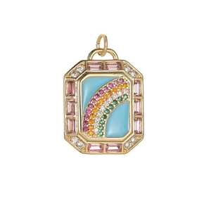 Octagonal copper rainbow pendant with colorful zircon stones and blue enamel finish