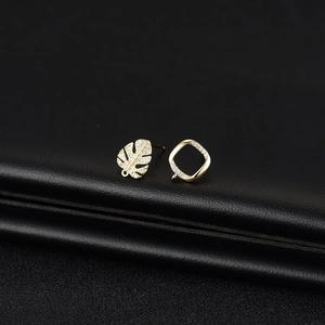 14K gold plated leaf and square geometric earrings with micro-inlaid zircon stones