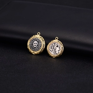 Retro 14k gold-plated mask and coin pendant with vintage hammered texture
