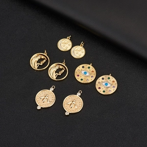 Pendentif Pièce en Cuivre Plaqué Or 14K pour Femme Rétro Œil du Diable Lune Étoile Abeille Surf Accessoire Bijoux